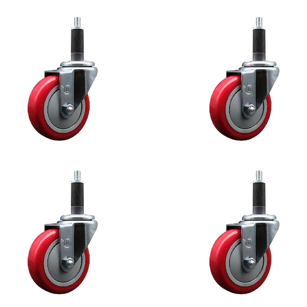 4'' Red Poly Wheel Swivel 1'' Expanding Stem Caster Set, 4PK